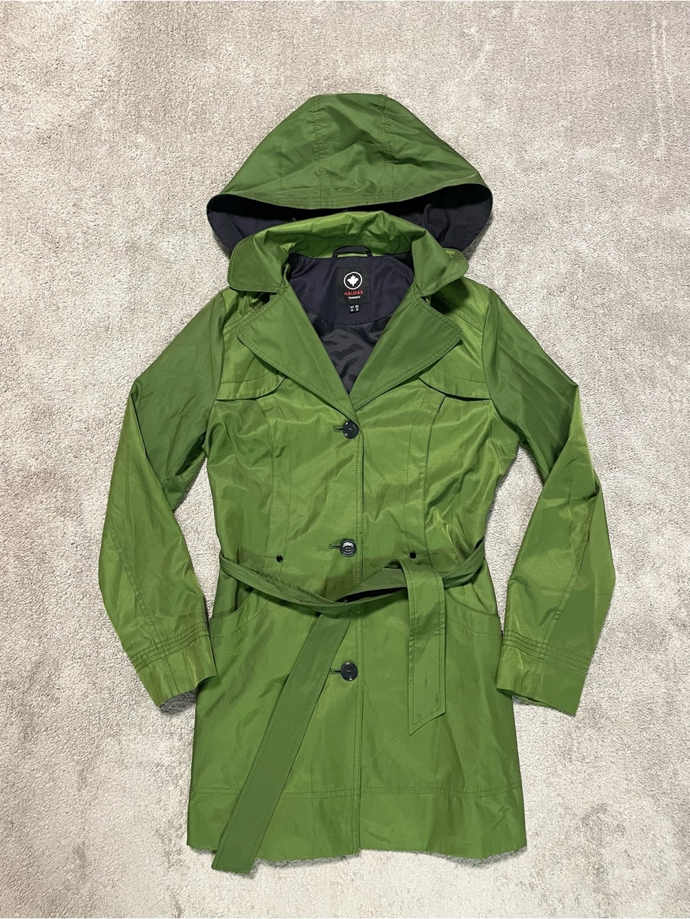 Halifax Traders Hooded Trench Coat Women’s M Green Belted Rain Jacket